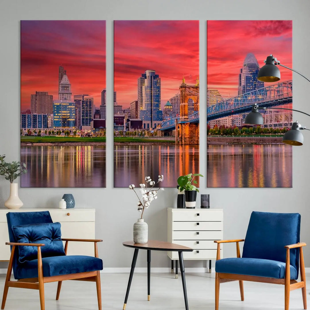 The Cincinnati City Lights Red Sunset Skyline Cityscape View Wall Art Canvas Print is beautifully crafted on museum-quality polycotton canvas with a UV-protective coating, ensuring the artwork is vibrant and ready to hang.