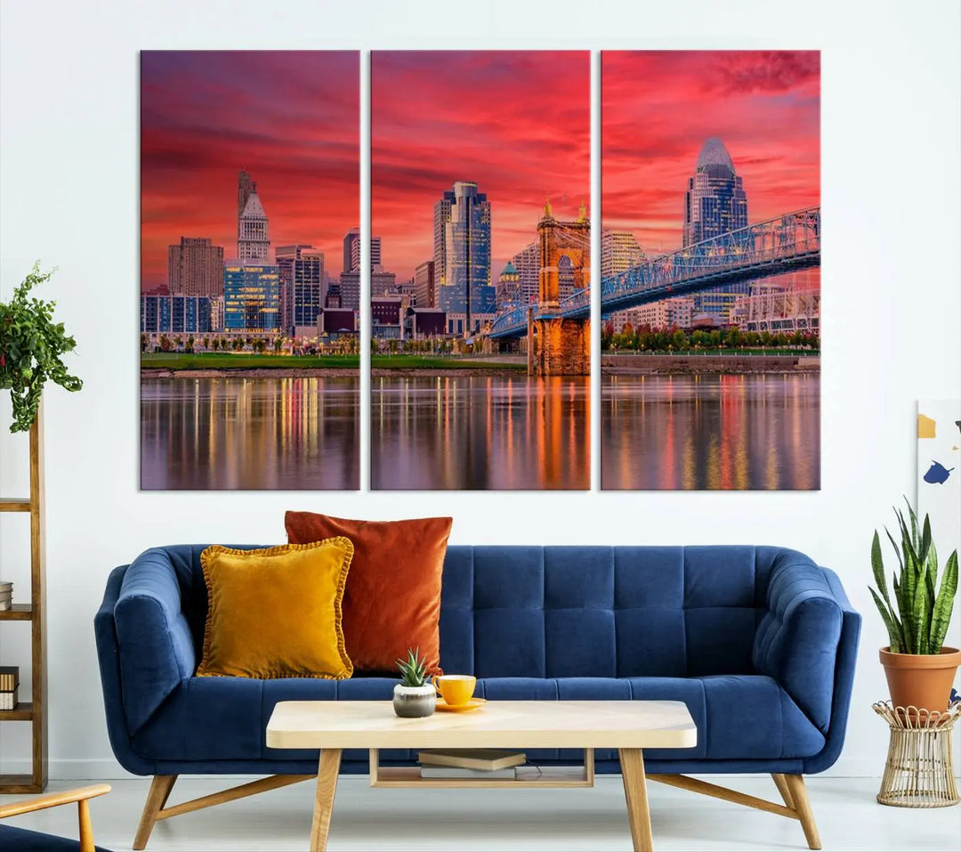 The Cincinnati City Lights Red Sunset Skyline Cityscape View Wall Art Canvas Print is beautifully crafted on museum-quality polycotton canvas with a UV-protective coating, ensuring the artwork is vibrant and ready to hang.