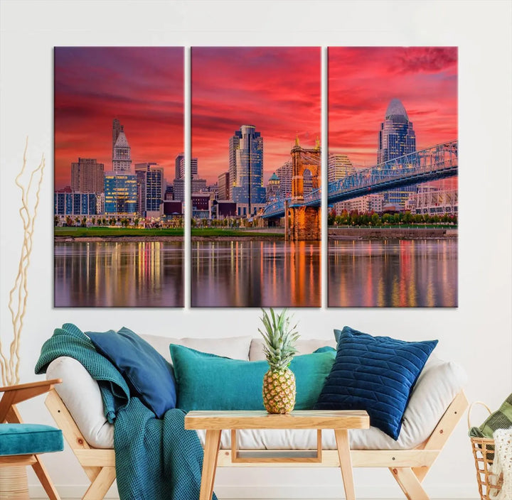 The Cincinnati City Lights Red Sunset Skyline Cityscape View Wall Art Canvas Print is beautifully crafted on museum-quality polycotton canvas with a UV-protective coating, ensuring the artwork is vibrant and ready to hang.