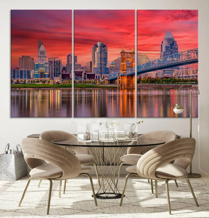 The Cincinnati City Lights Red Sunset Skyline Cityscape View Wall Art Canvas Print is beautifully crafted on museum-quality polycotton canvas with a UV-protective coating, ensuring the artwork is vibrant and ready to hang.