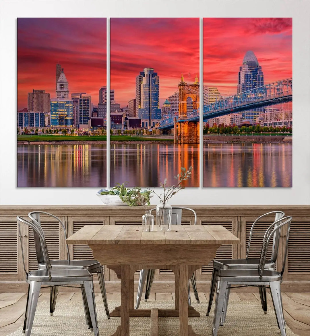 The Cincinnati City Lights Red Sunset Skyline Cityscape View Wall Art Canvas Print is beautifully crafted on museum-quality polycotton canvas with a UV-protective coating, ensuring the artwork is vibrant and ready to hang.