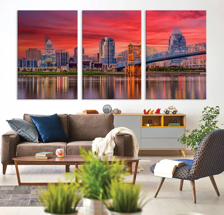 The Cincinnati City Lights Red Sunset Skyline Cityscape View Wall Art Canvas Print is beautifully crafted on museum-quality polycotton canvas with a UV-protective coating, ensuring the artwork is vibrant and ready to hang.