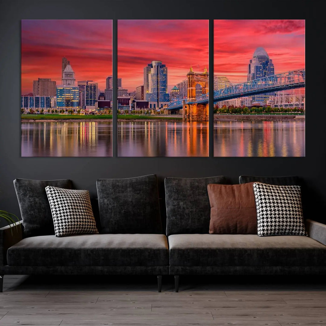 The Cincinnati City Lights Red Sunset Skyline Cityscape View Wall Art Canvas Print is beautifully crafted on museum-quality polycotton canvas with a UV-protective coating, ensuring the artwork is vibrant and ready to hang.