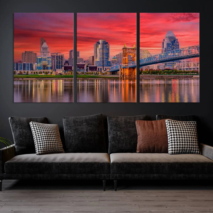 The Cincinnati City Lights Red Sunset Skyline Cityscape View Wall Art Canvas Print is beautifully crafted on museum-quality polycotton canvas with a UV-protective coating, ensuring the artwork is vibrant and ready to hang.