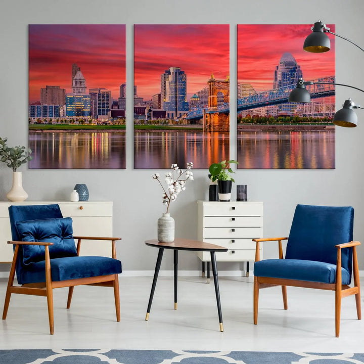 The Cincinnati City Lights Red Sunset Skyline Cityscape View Wall Art Canvas Print is beautifully crafted on museum-quality polycotton canvas with a UV-protective coating, ensuring the artwork is vibrant and ready to hang.