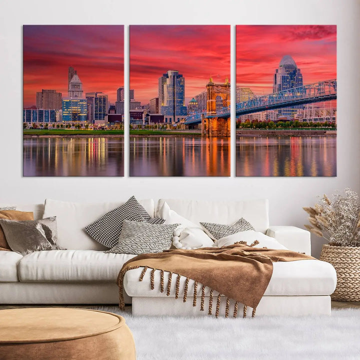 The Cincinnati City Lights Red Sunset Skyline Cityscape View Wall Art Canvas Print is beautifully crafted on museum-quality polycotton canvas with a UV-protective coating, ensuring the artwork is vibrant and ready to hang.