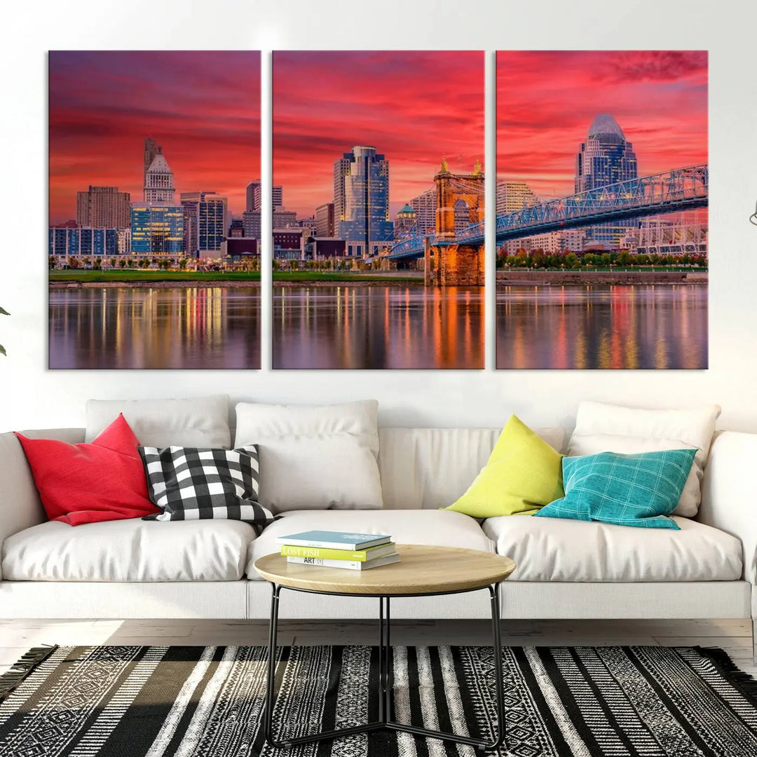 The Cincinnati City Lights Red Sunset Skyline Cityscape View Wall Art Canvas Print is beautifully crafted on museum-quality polycotton canvas with a UV-protective coating, ensuring the artwork is vibrant and ready to hang.