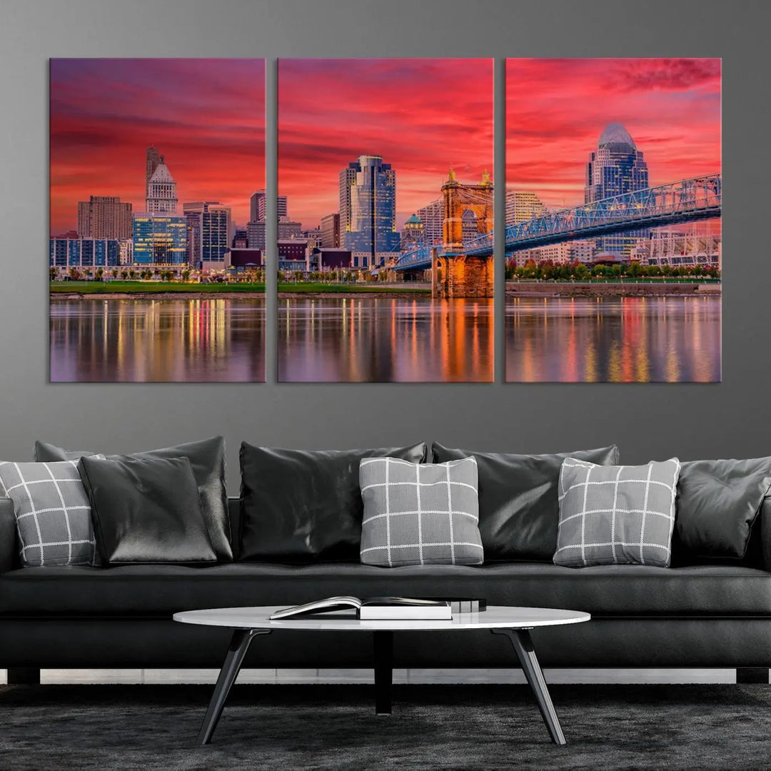 The Cincinnati City Lights Red Sunset Skyline Cityscape View Wall Art Canvas Print is beautifully crafted on museum-quality polycotton canvas with a UV-protective coating, ensuring the artwork is vibrant and ready to hang.