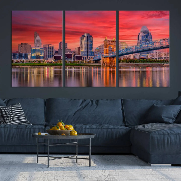 The Cincinnati City Lights Red Sunset Skyline Cityscape View Wall Art Canvas Print is beautifully crafted on museum-quality polycotton canvas with a UV-protective coating, ensuring the artwork is vibrant and ready to hang.