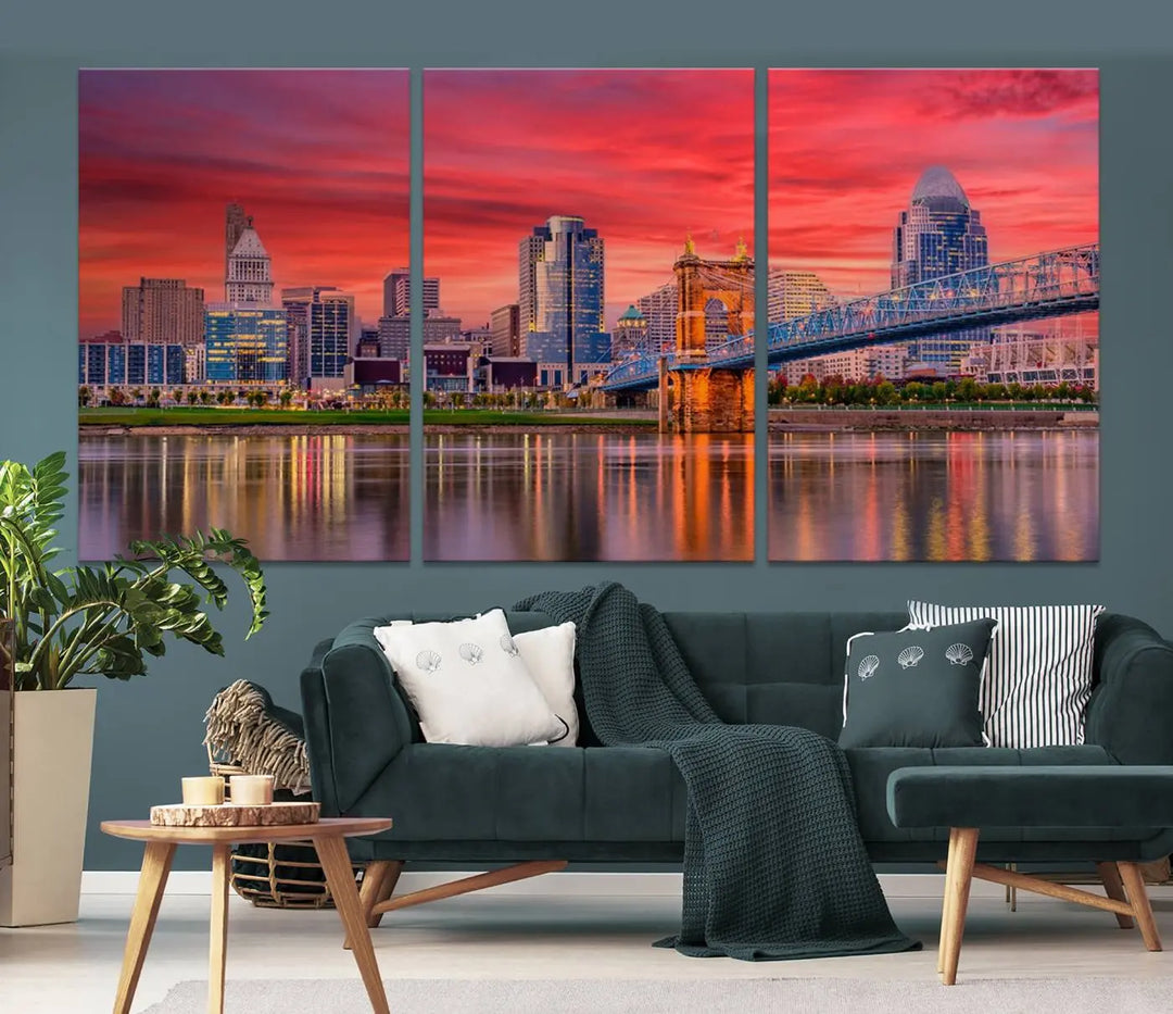 The Cincinnati City Lights Red Sunset Skyline Cityscape View Wall Art Canvas Print is beautifully crafted on museum-quality polycotton canvas with a UV-protective coating, ensuring the artwork is vibrant and ready to hang.