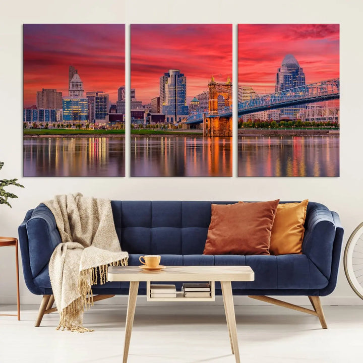 The Cincinnati City Lights Red Sunset Skyline Cityscape View Wall Art Canvas Print is beautifully crafted on museum-quality polycotton canvas with a UV-protective coating, ensuring the artwork is vibrant and ready to hang.