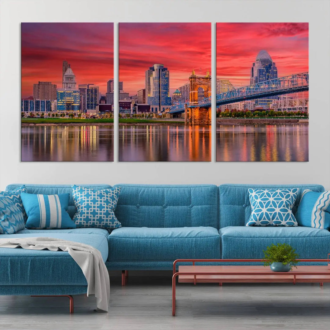 The Cincinnati City Lights Red Sunset Skyline Cityscape View Wall Art Canvas Print is beautifully crafted on museum-quality polycotton canvas with a UV-protective coating, ensuring the artwork is vibrant and ready to hang.