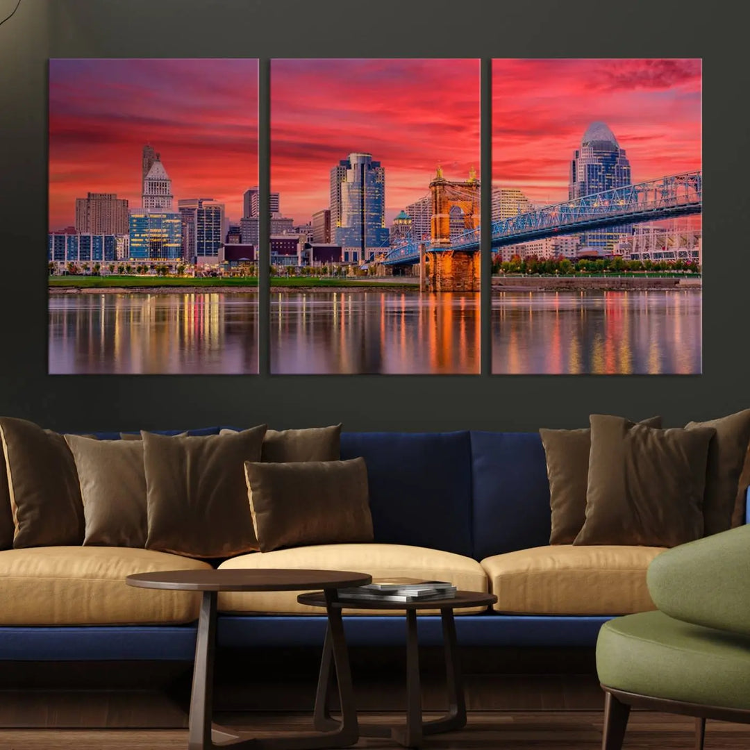 The Cincinnati City Lights Red Sunset Skyline Cityscape View Wall Art Canvas Print is beautifully crafted on museum-quality polycotton canvas with a UV-protective coating, ensuring the artwork is vibrant and ready to hang.