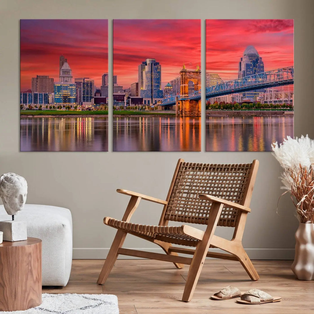 The Cincinnati City Lights Red Sunset Skyline Cityscape View Wall Art Canvas Print is beautifully crafted on museum-quality polycotton canvas with a UV-protective coating, ensuring the artwork is vibrant and ready to hang.