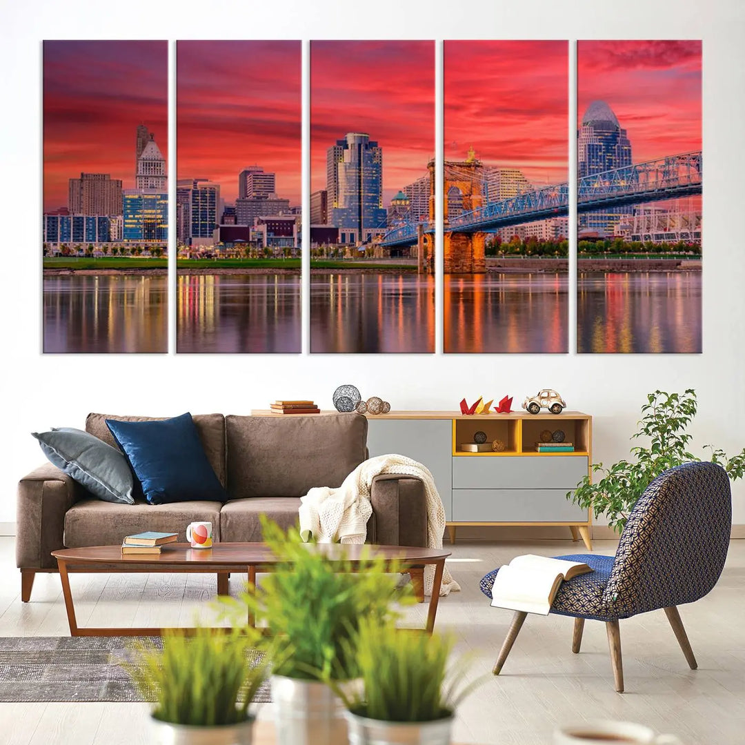 The Cincinnati City Lights Red Sunset Skyline Cityscape View Wall Art Canvas Print is beautifully crafted on museum-quality polycotton canvas with a UV-protective coating, ensuring the artwork is vibrant and ready to hang.