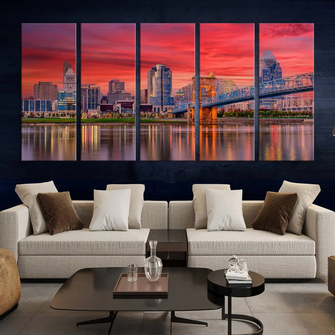 The Cincinnati City Lights Red Sunset Skyline Cityscape View Wall Art Canvas Print is beautifully crafted on museum-quality polycotton canvas with a UV-protective coating, ensuring the artwork is vibrant and ready to hang.