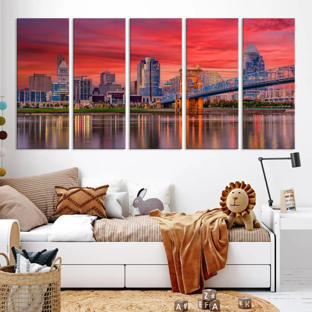 The Cincinnati City Lights Red Sunset Skyline Cityscape View Wall Art Canvas Print is beautifully crafted on museum-quality polycotton canvas with a UV-protective coating, ensuring the artwork is vibrant and ready to hang.