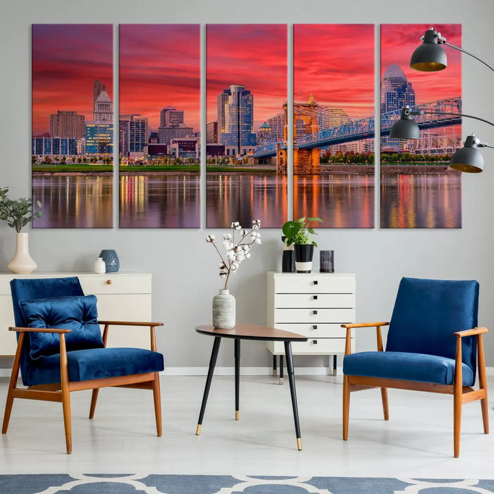 The Cincinnati City Lights Red Sunset Skyline Cityscape View Wall Art Canvas Print is beautifully crafted on museum-quality polycotton canvas with a UV-protective coating, ensuring the artwork is vibrant and ready to hang.