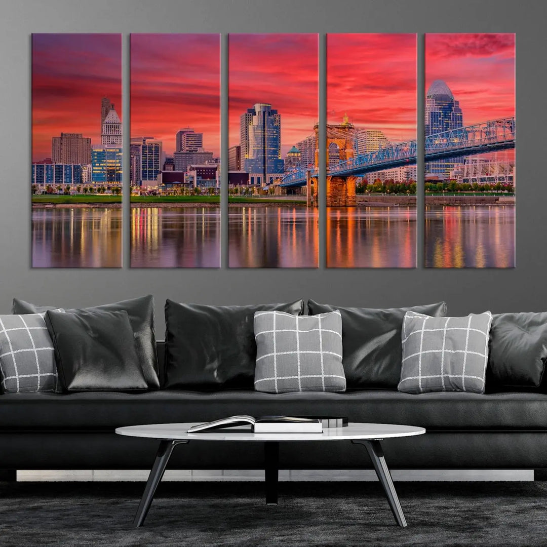 The Cincinnati City Lights Red Sunset Skyline Cityscape View Wall Art Canvas Print is beautifully crafted on museum-quality polycotton canvas with a UV-protective coating, ensuring the artwork is vibrant and ready to hang.