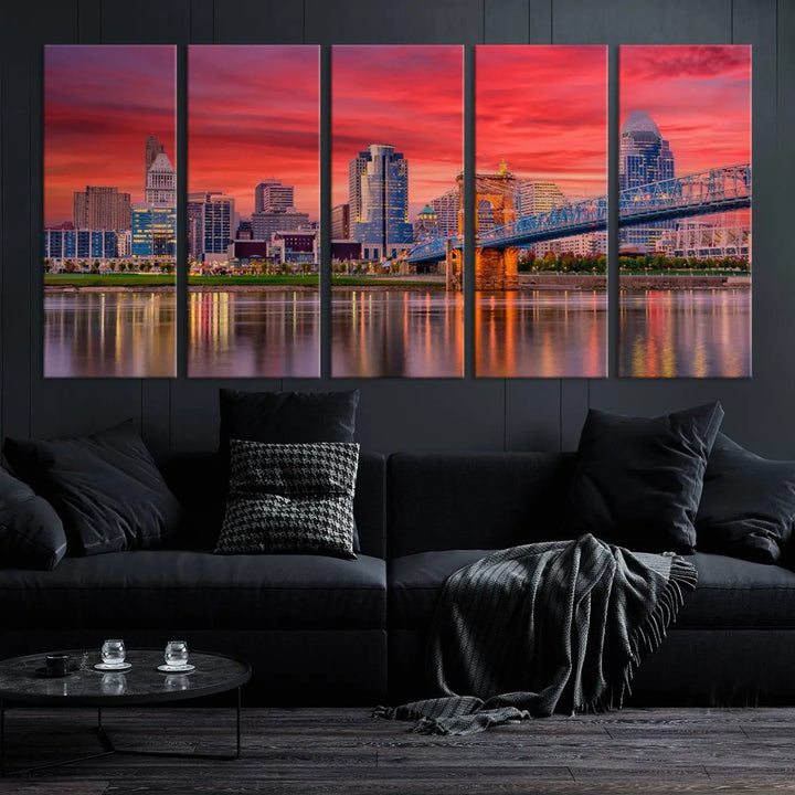 The Cincinnati City Lights Red Sunset Skyline Cityscape View Wall Art Canvas Print is beautifully crafted on museum-quality polycotton canvas with a UV-protective coating, ensuring the artwork is vibrant and ready to hang.