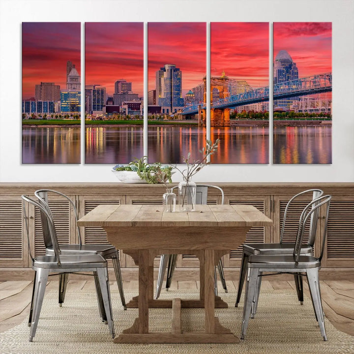 The Cincinnati City Lights Red Sunset Skyline Cityscape View Wall Art Canvas Print is beautifully crafted on museum-quality polycotton canvas with a UV-protective coating, ensuring the artwork is vibrant and ready to hang.