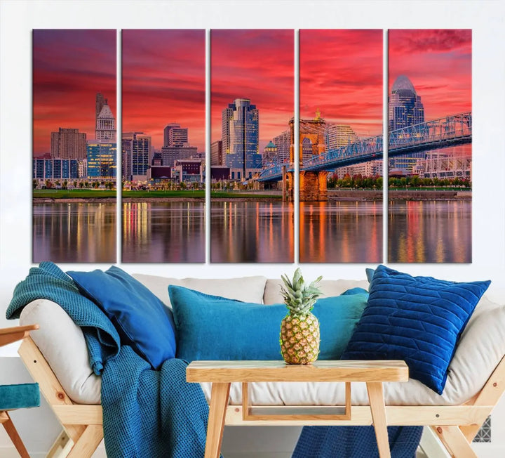 The Cincinnati City Lights Red Sunset Skyline Cityscape View Wall Art Canvas Print is beautifully crafted on museum-quality polycotton canvas with a UV-protective coating, ensuring the artwork is vibrant and ready to hang.