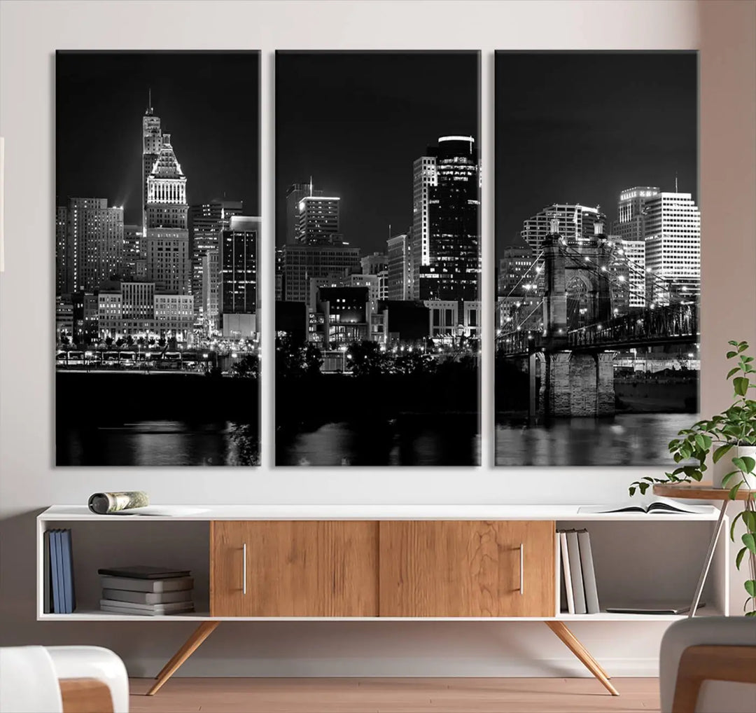 The "Cincinnati City Lights Skyline Black and White Wall Art Cityscape Canvas Print," gallery wrapped on a museum-quality canvas, is displayed prominently.