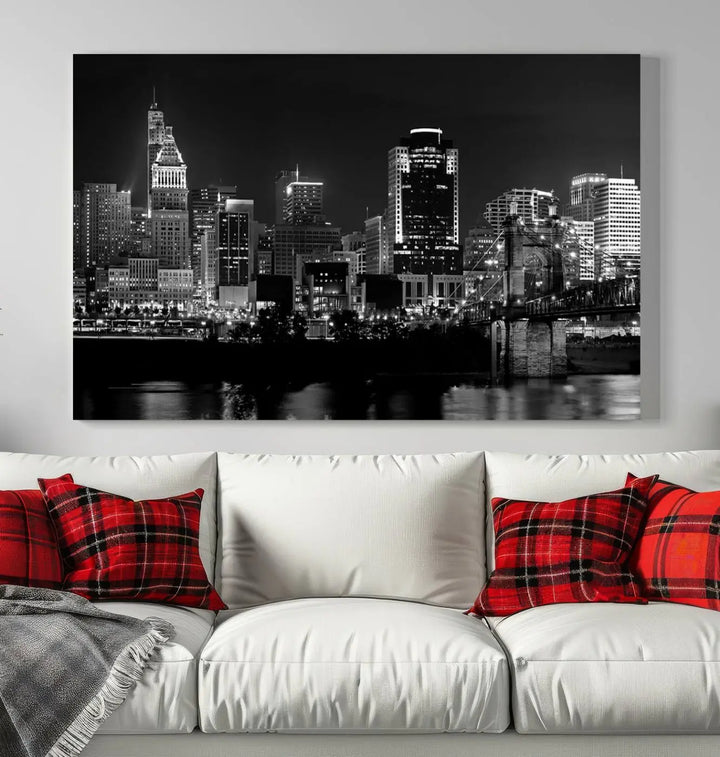 The "Cincinnati City Lights Skyline Black and White Wall Art Cityscape Canvas Print," gallery wrapped on a museum-quality canvas, is displayed prominently.