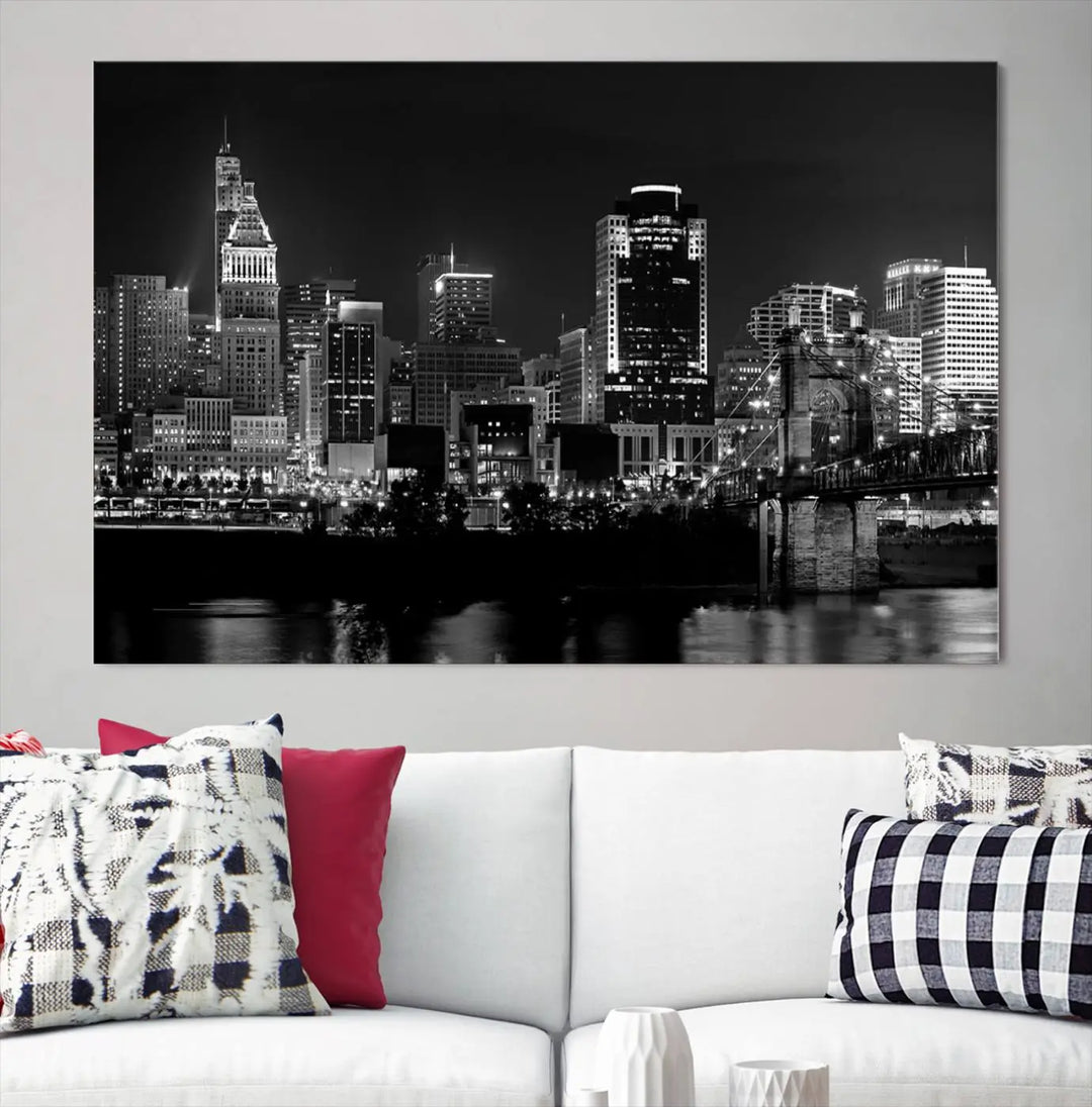 The "Cincinnati City Lights Skyline Black and White Wall Art Cityscape Canvas Print," gallery wrapped on a museum-quality canvas, is displayed prominently.