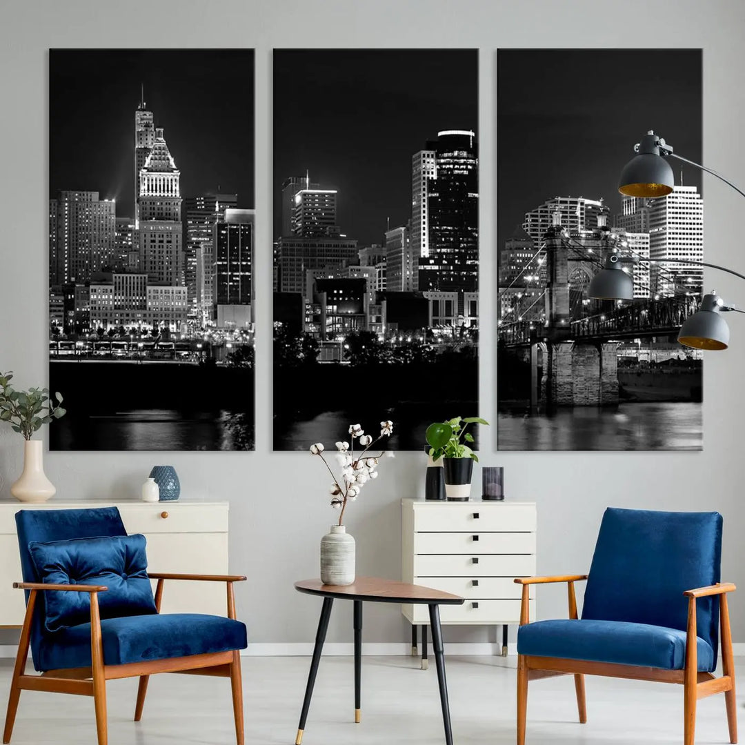 The "Cincinnati City Lights Skyline Black and White Wall Art Cityscape Canvas Print," gallery wrapped on a museum-quality canvas, is displayed prominently.