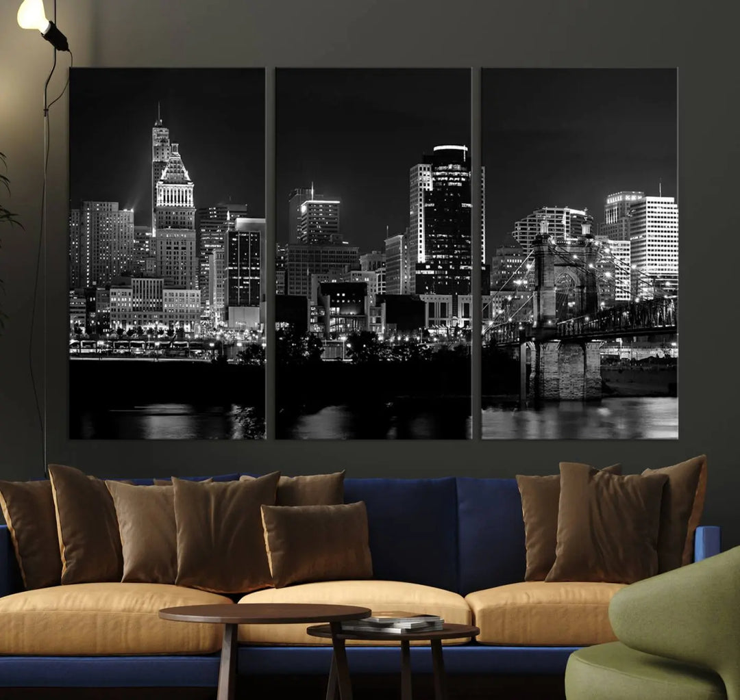 The "Cincinnati City Lights Skyline Black and White Wall Art Cityscape Canvas Print," gallery wrapped on a museum-quality canvas, is displayed prominently.