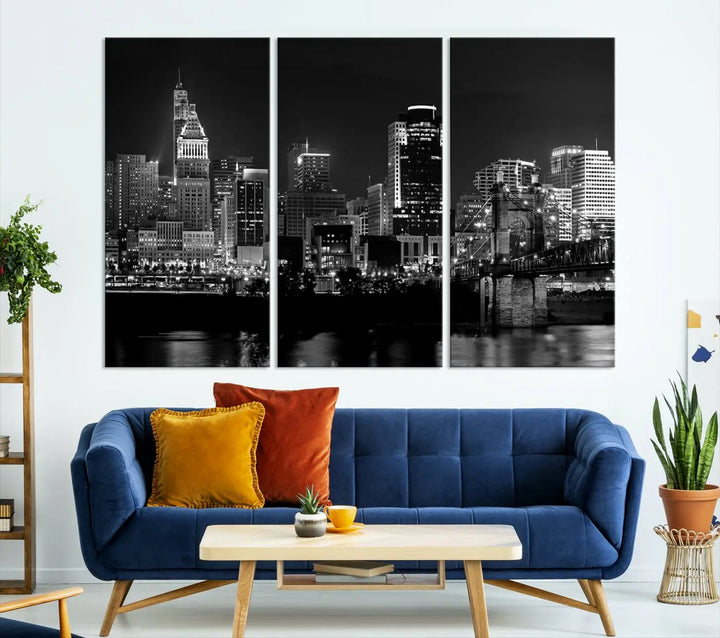 The "Cincinnati City Lights Skyline Black and White Wall Art Cityscape Canvas Print," gallery wrapped on a museum-quality canvas, is displayed prominently.