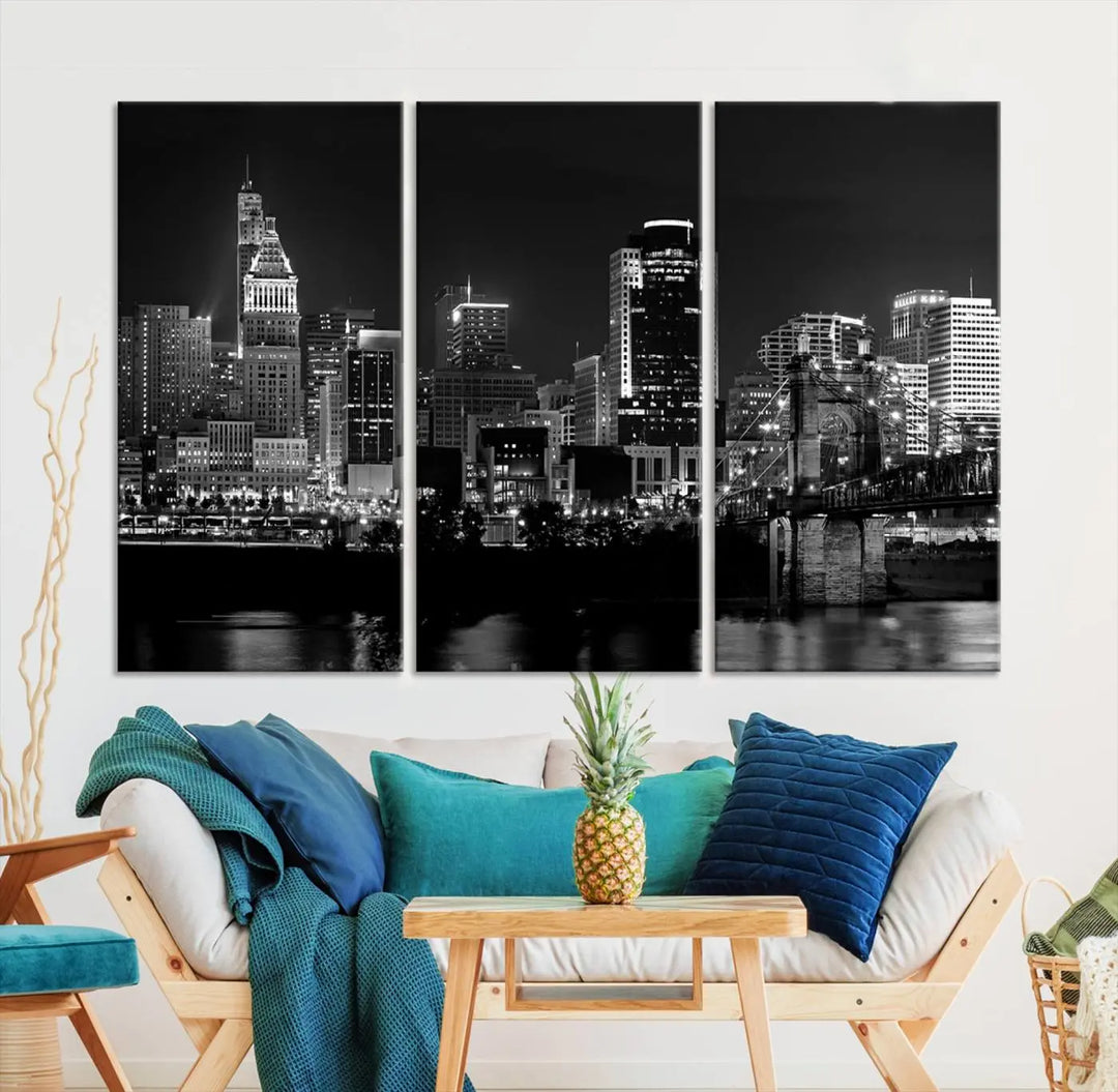 The "Cincinnati City Lights Skyline Black and White Wall Art Cityscape Canvas Print," gallery wrapped on a museum-quality canvas, is displayed prominently.