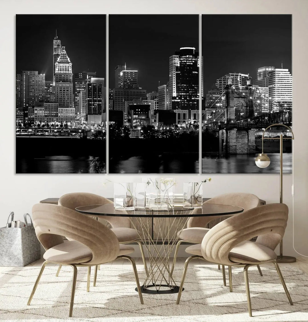 The "Cincinnati City Lights Skyline Black and White Wall Art Cityscape Canvas Print," gallery wrapped on a museum-quality canvas, is displayed prominently.