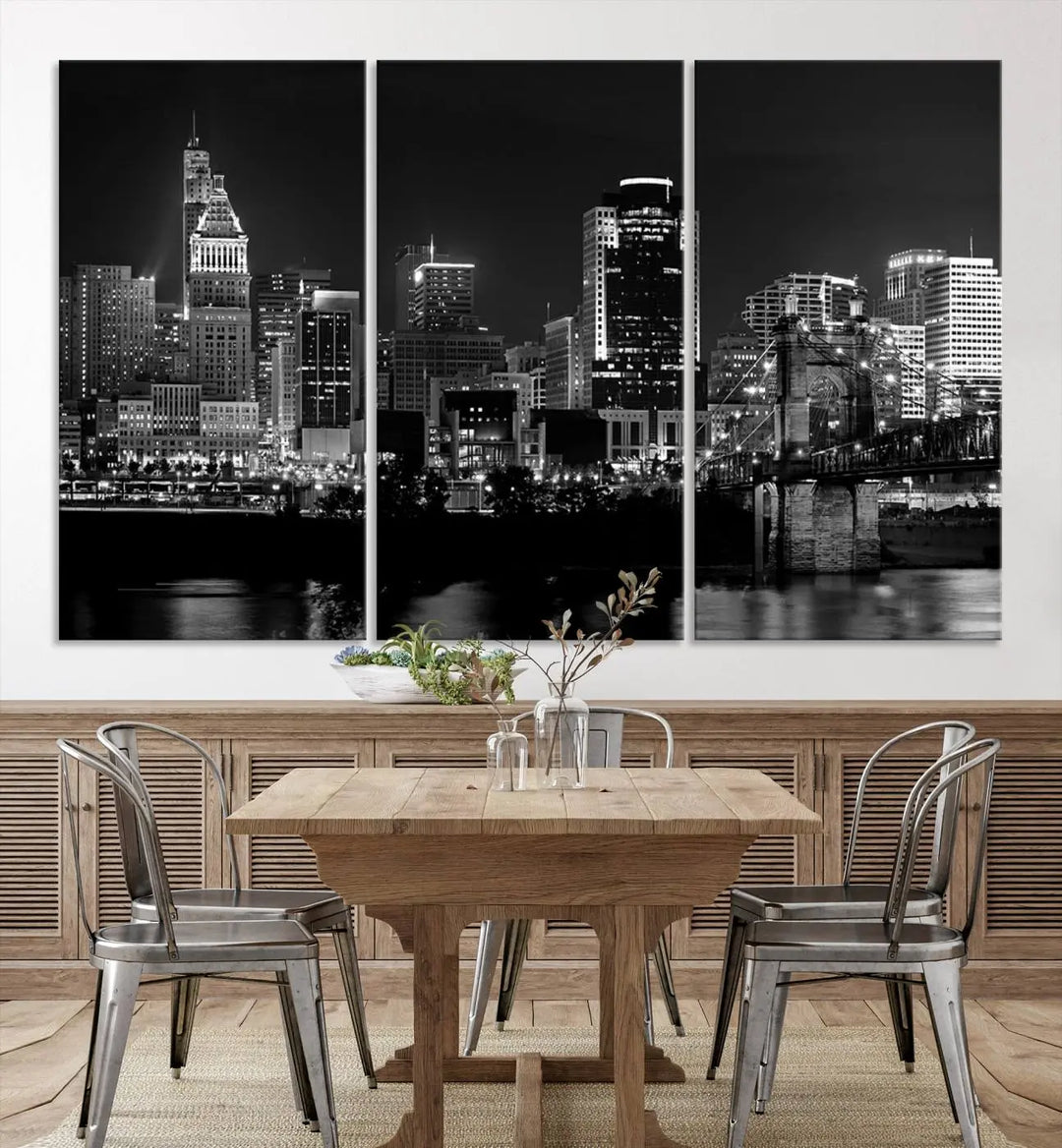 The "Cincinnati City Lights Skyline Black and White Wall Art Cityscape Canvas Print," gallery wrapped on a museum-quality canvas, is displayed prominently.