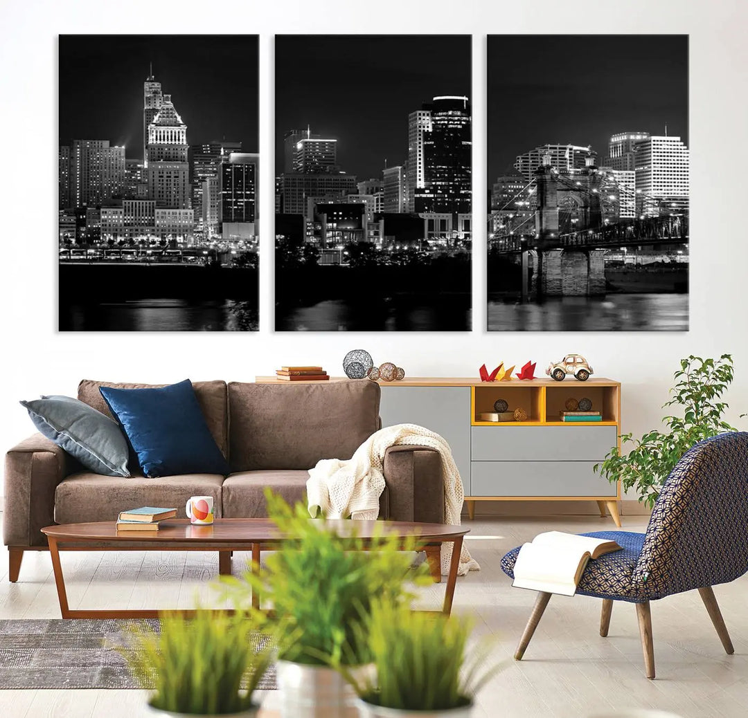 The "Cincinnati City Lights Skyline Black and White Wall Art Cityscape Canvas Print," gallery wrapped on a museum-quality canvas, is displayed prominently.