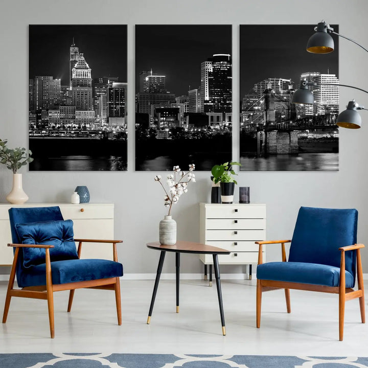 The "Cincinnati City Lights Skyline Black and White Wall Art Cityscape Canvas Print," gallery wrapped on a museum-quality canvas, is displayed prominently.