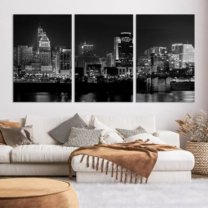 The "Cincinnati City Lights Skyline Black and White Wall Art Cityscape Canvas Print," gallery wrapped on a museum-quality canvas, is displayed prominently.