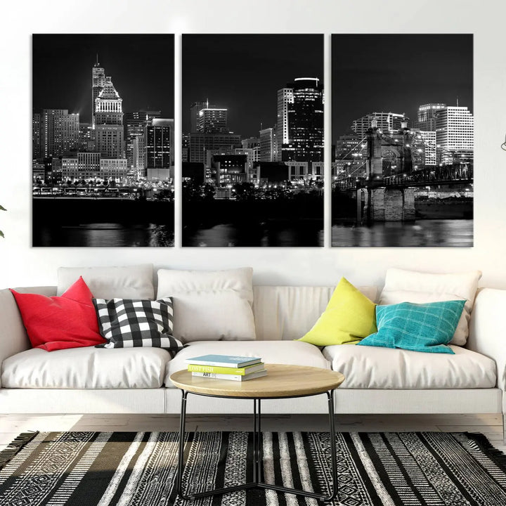 The "Cincinnati City Lights Skyline Black and White Wall Art Cityscape Canvas Print," gallery wrapped on a museum-quality canvas, is displayed prominently.