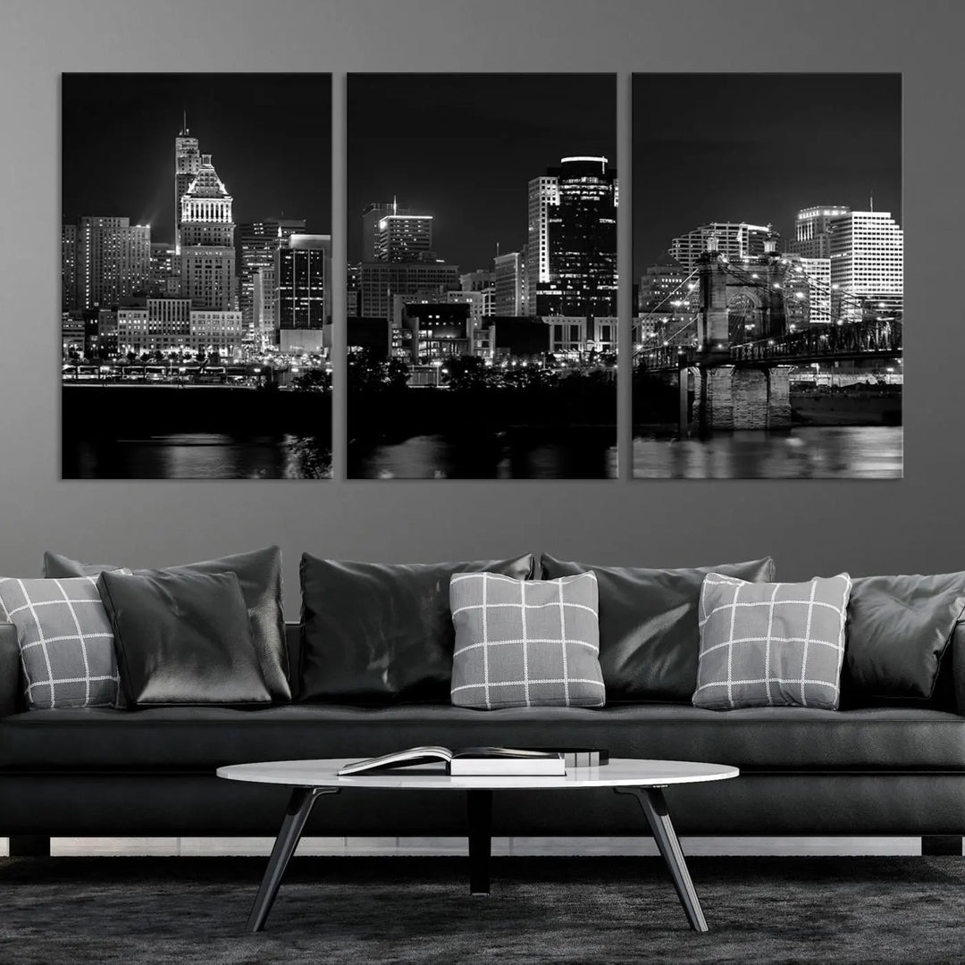 The "Cincinnati City Lights Skyline Black and White Wall Art Cityscape Canvas Print," gallery wrapped on a museum-quality canvas, is displayed prominently.