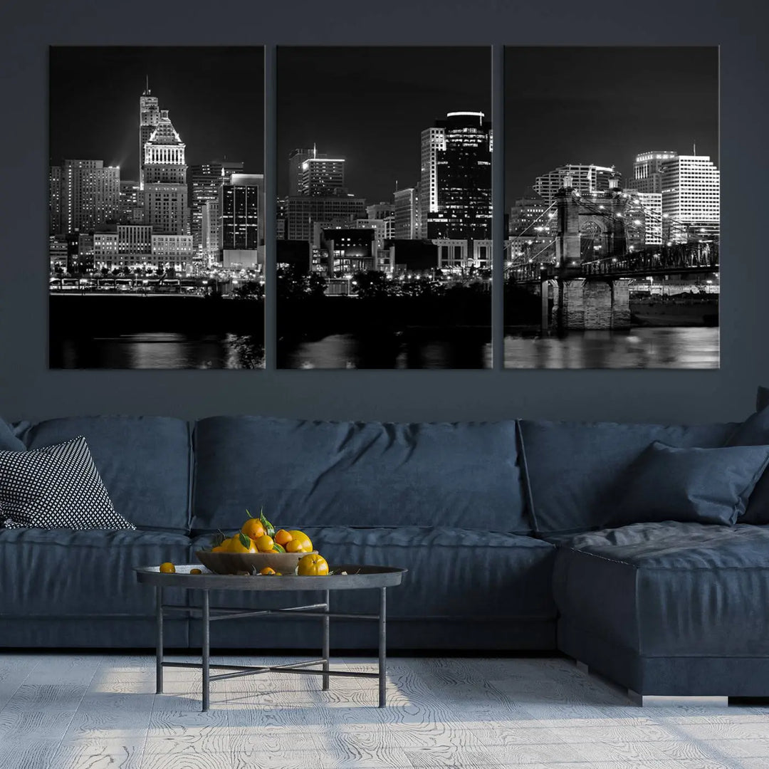 The "Cincinnati City Lights Skyline Black and White Wall Art Cityscape Canvas Print," gallery wrapped on a museum-quality canvas, is displayed prominently.