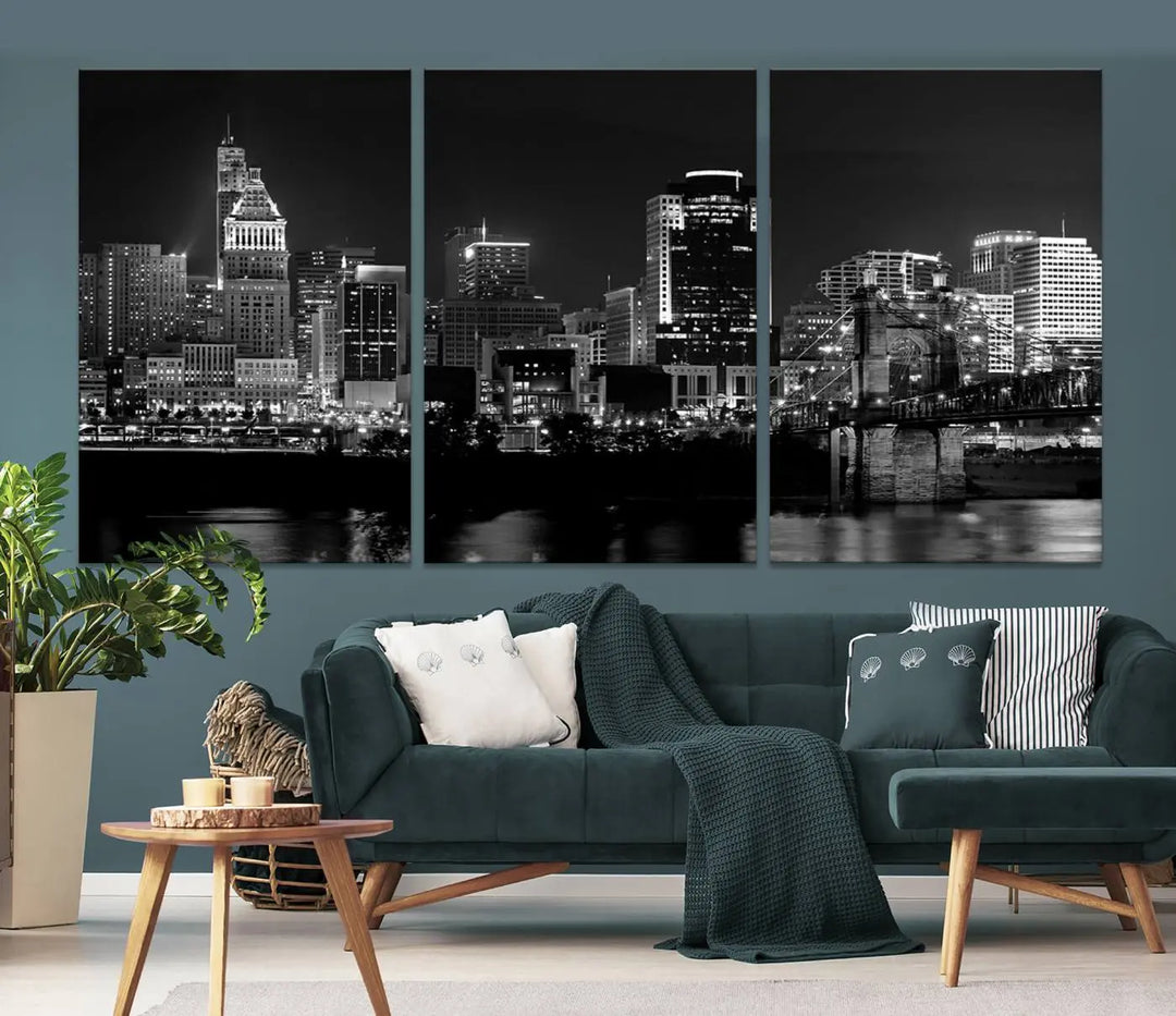 The "Cincinnati City Lights Skyline Black and White Wall Art Cityscape Canvas Print," gallery wrapped on a museum-quality canvas, is displayed prominently.