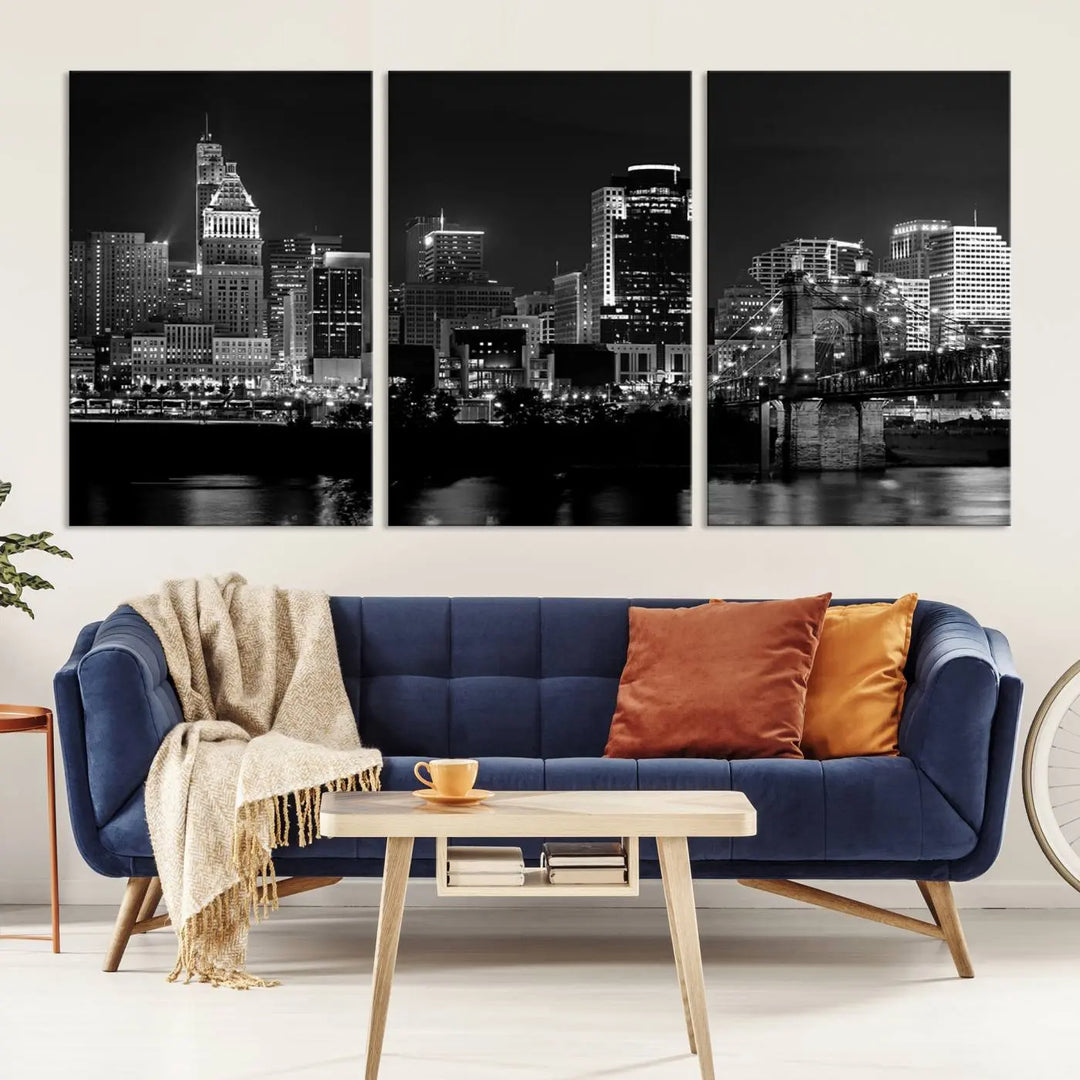 The "Cincinnati City Lights Skyline Black and White Wall Art Cityscape Canvas Print," gallery wrapped on a museum-quality canvas, is displayed prominently.