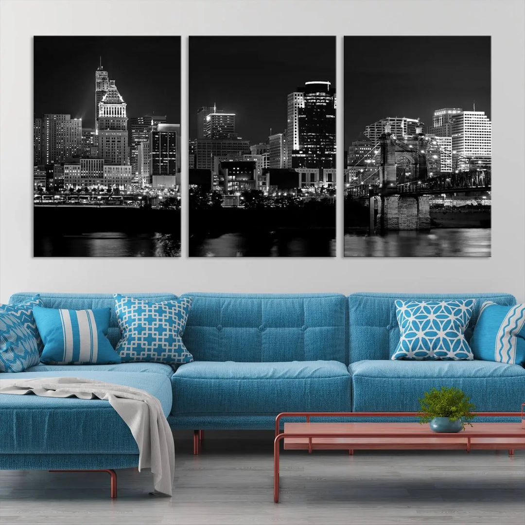 The "Cincinnati City Lights Skyline Black and White Wall Art Cityscape Canvas Print," gallery wrapped on a museum-quality canvas, is displayed prominently.