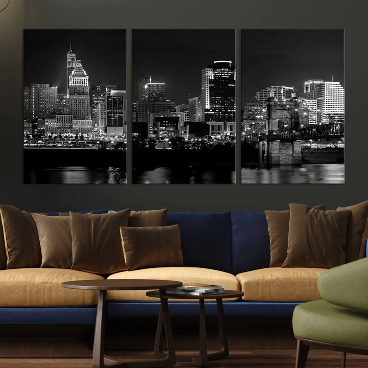 The "Cincinnati City Lights Skyline Black and White Wall Art Cityscape Canvas Print," gallery wrapped on a museum-quality canvas, is displayed prominently.