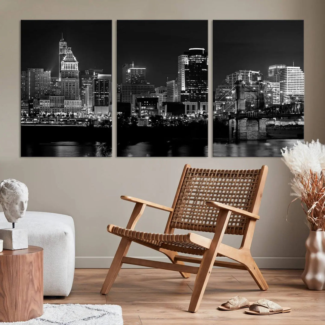 The "Cincinnati City Lights Skyline Black and White Wall Art Cityscape Canvas Print," gallery wrapped on a museum-quality canvas, is displayed prominently.