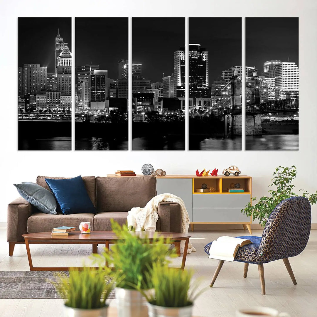 The "Cincinnati City Lights Skyline Black and White Wall Art Cityscape Canvas Print," gallery wrapped on a museum-quality canvas, is displayed prominently.