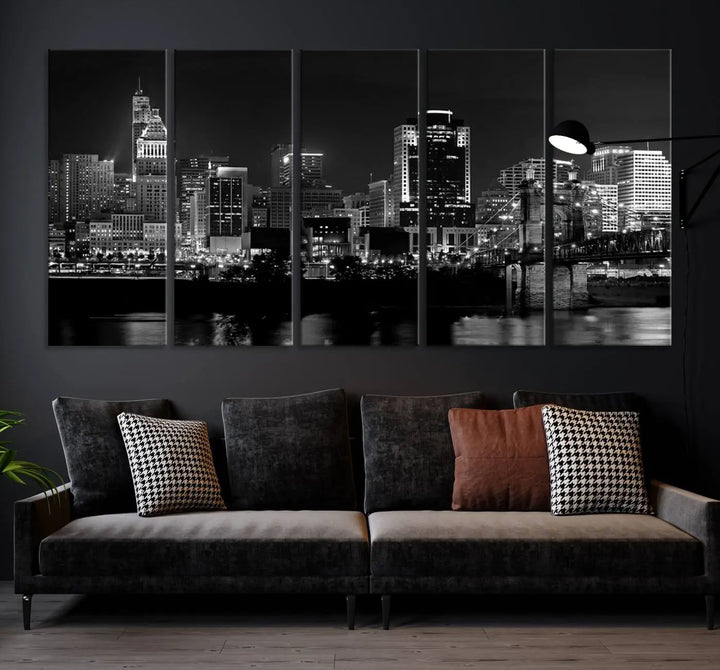 The "Cincinnati City Lights Skyline Black and White Wall Art Cityscape Canvas Print," gallery wrapped on a museum-quality canvas, is displayed prominently.