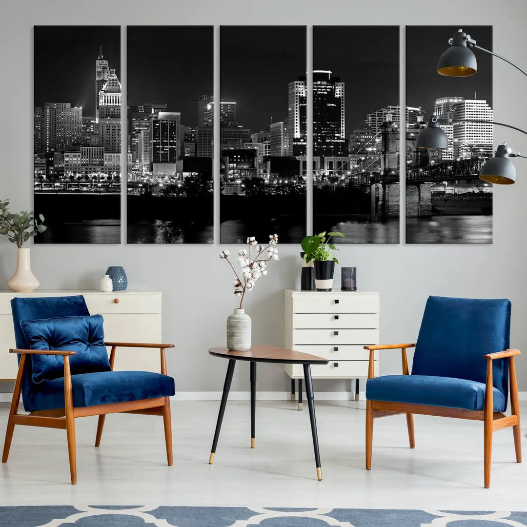 The "Cincinnati City Lights Skyline Black and White Wall Art Cityscape Canvas Print," gallery wrapped on a museum-quality canvas, is displayed prominently.