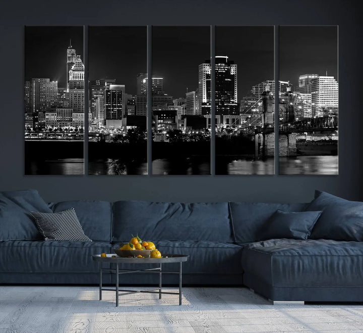 The "Cincinnati City Lights Skyline Black and White Wall Art Cityscape Canvas Print," gallery wrapped on a museum-quality canvas, is displayed prominently.